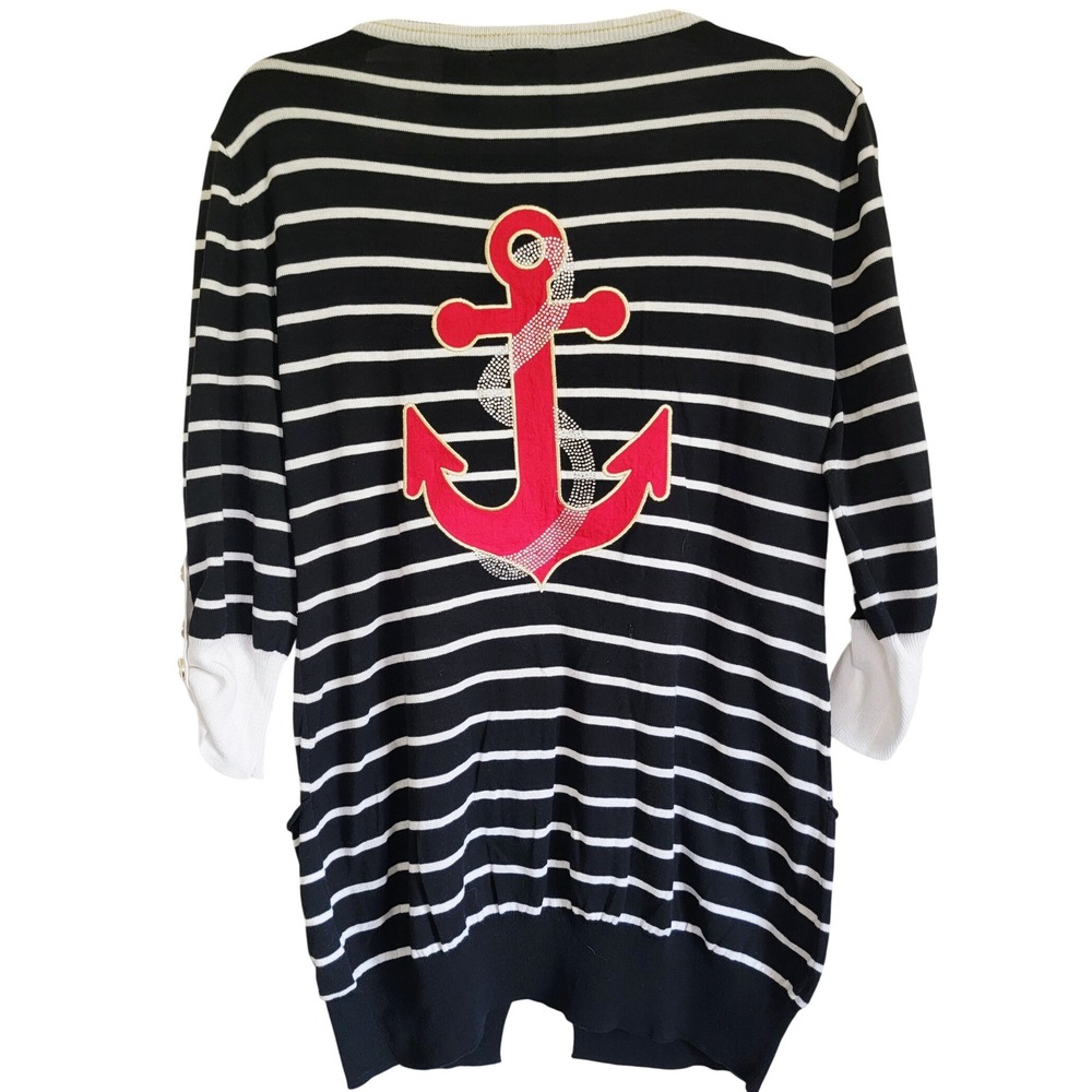 Yuka Paris XL Nautical Cardigan Sweater Red Anchor Gold Buttons Striped Cotton‎